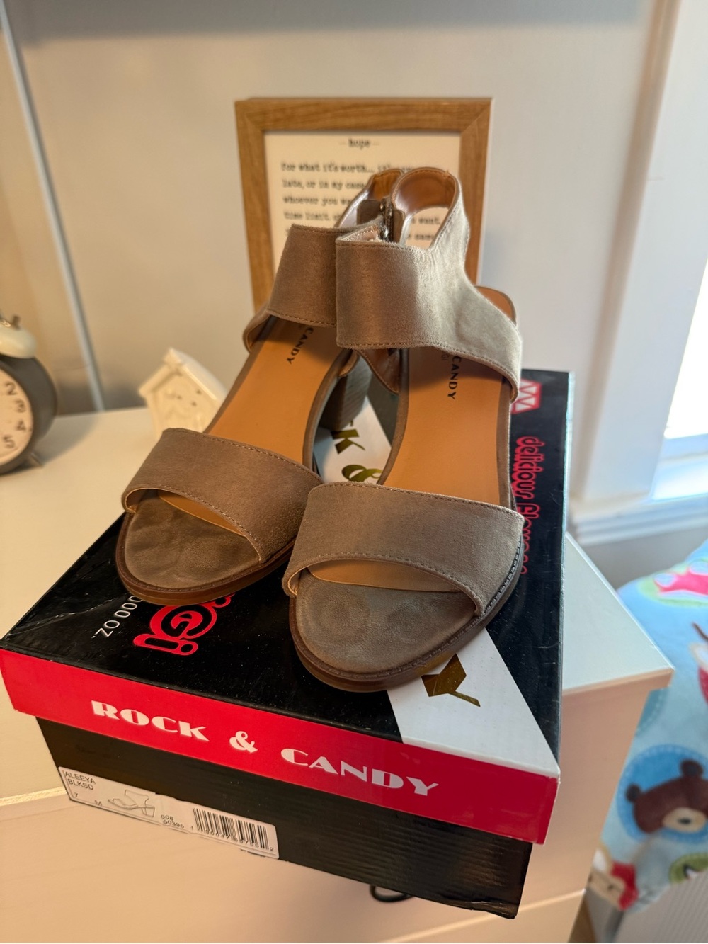 Rock & Candy Taupe Open-Toe Suede Block Heel Sandals